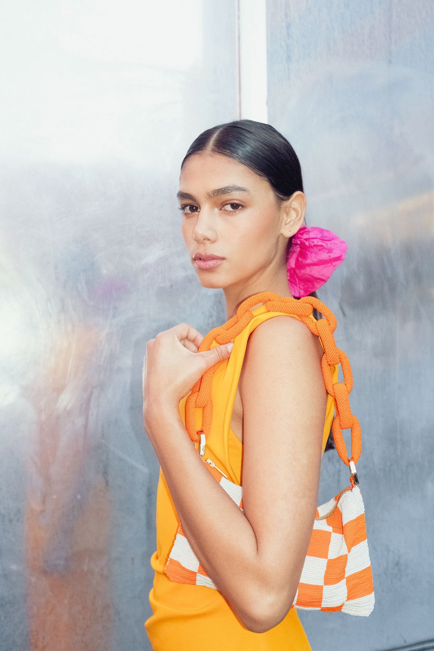 Chaquira Chain Baguette - Checkered Orange Bag
