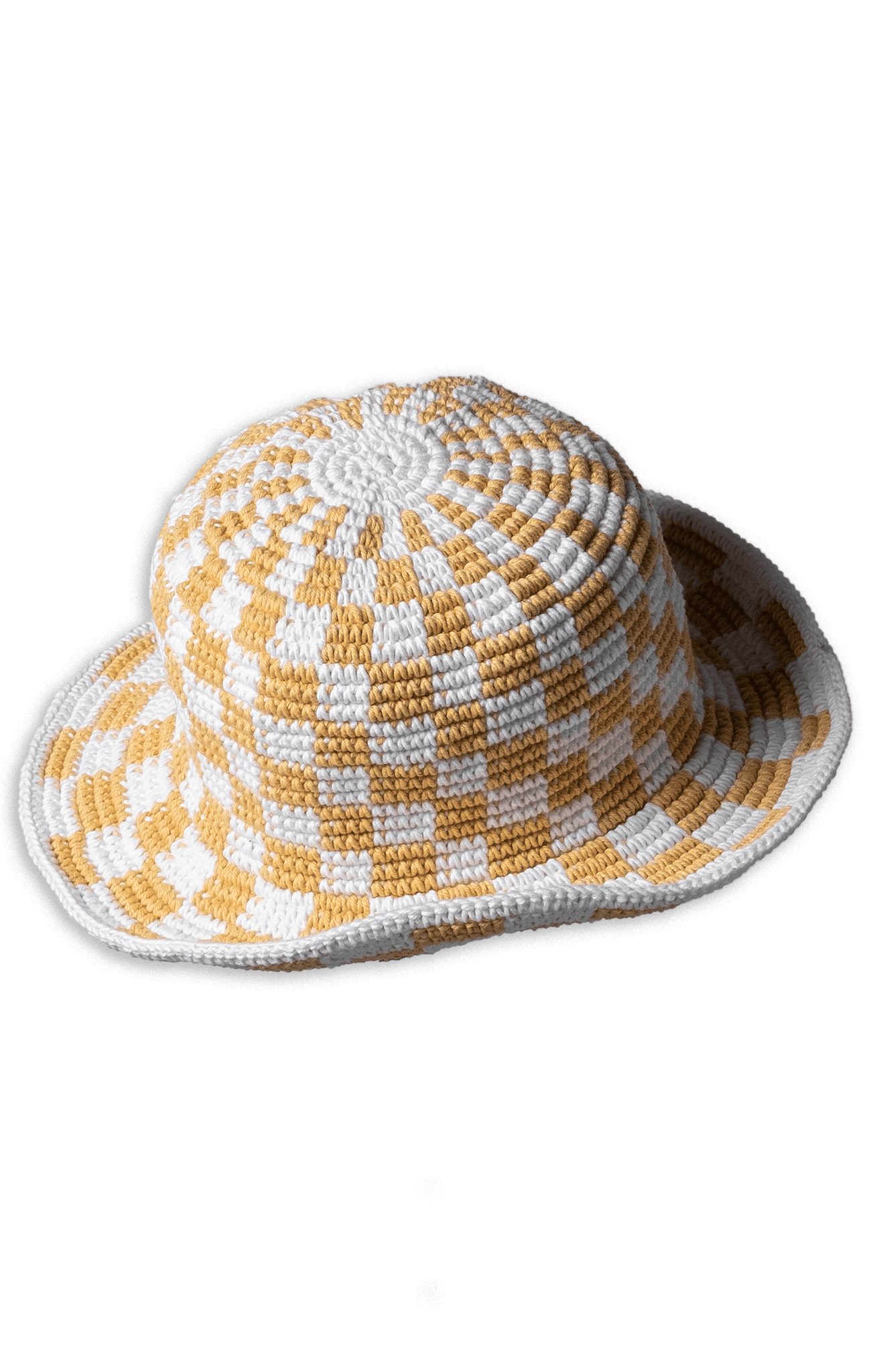 Checkered Crochet Bucket Hat - Beige Mustard