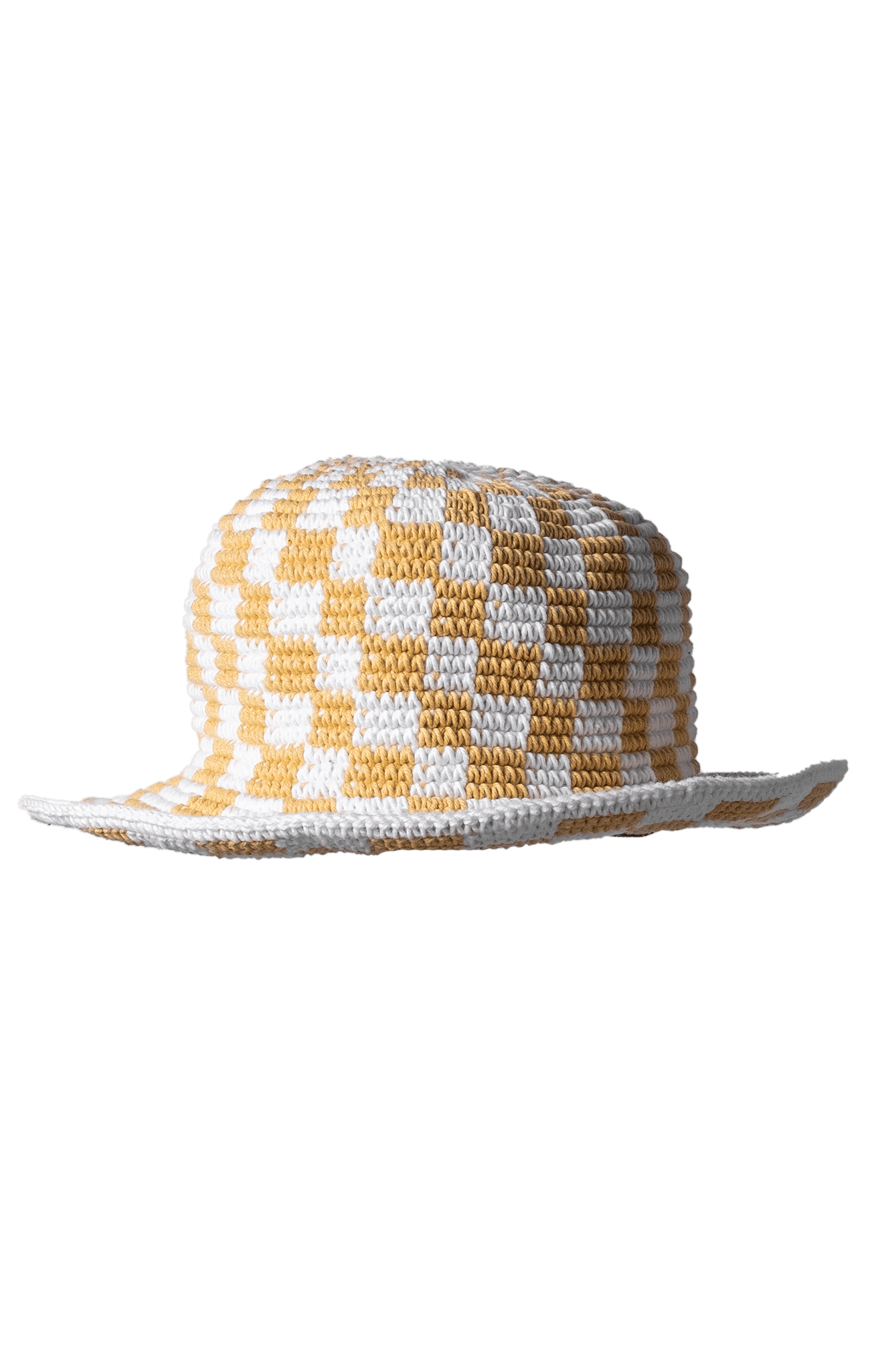Checkered Crochet Bucket Hat - Beige Mustard